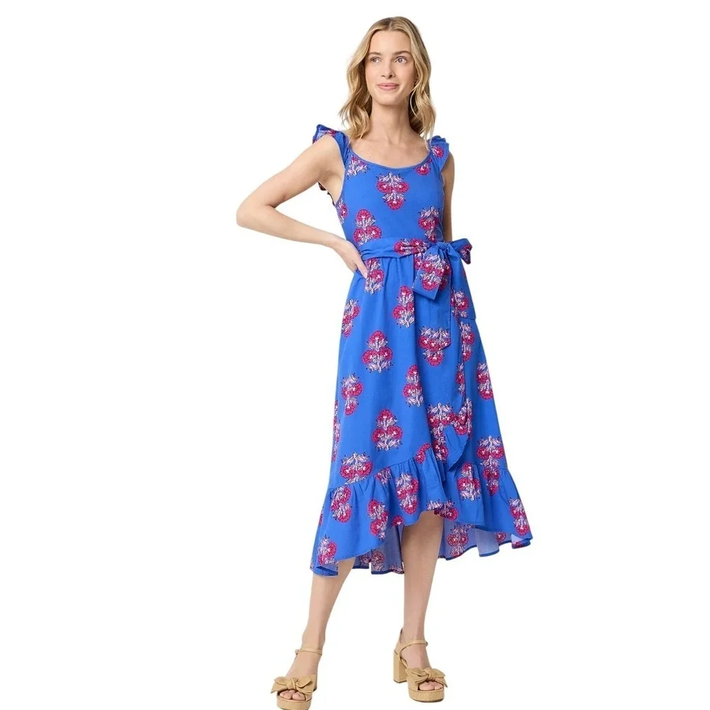 NWT J. Crew Tie Waist Wrap Dress Sz 16 Bright Grotto Multi Cottagecore Summer